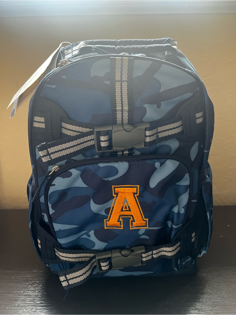 Pottery Barn Kids Blue Camo Backpack with Orange 'A' Patch-sz small (preschool)